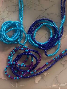 40 inch Handmade Waist Bead Set in Turquoise, Navy & Purple